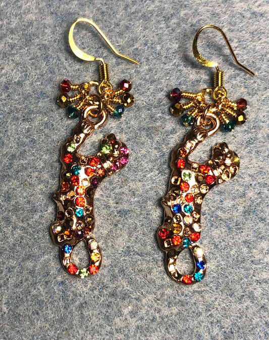 Gold and colored rhinestone cheetah charm earrings adorned with small dangling red, gold, and teal Chinese crystal beads.