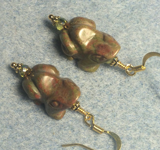 Carved green and orange unakite gemstone frog bead earrings adorned with olive green Chinese crystal beads.