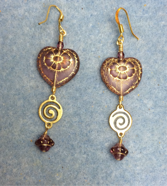 Violet (with gold inlay) Czech glass heart bead earrings adorned with gold swirly links and violet Czech glass Saturn beads.