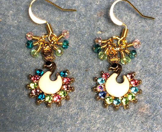 White enamel and colored rhinestone swan charm earrings adorned with tiny dangling rose, turquoise, and light green Chinese crystal beads.