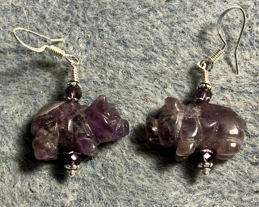 Amethyst gemstone pig bead earrings adorned with purple Chinese crystal beads.