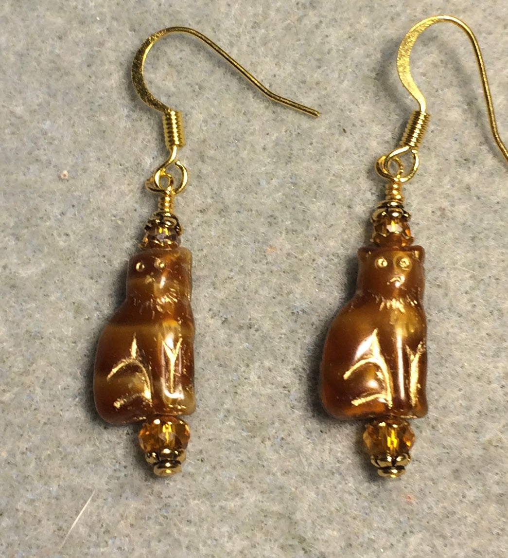 Small coffee amber (with gold inlay) Czech glass cat bead earrings adorned with amber Chinese crystal beads.