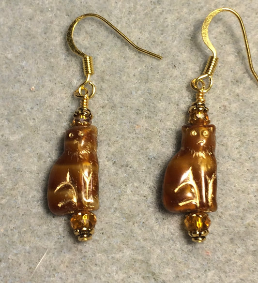 Small coffee amber (with gold inlay) Czech glass cat bead earrings adorned with amber Chinese crystal beads.