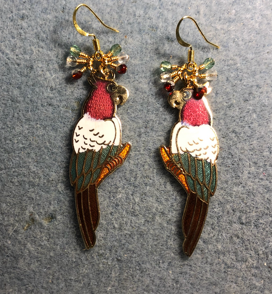 Vintage dark red, green, and white cloisonné parrot charm earrings adorned with small dangling dark red, green, and clear Czech glass beads.