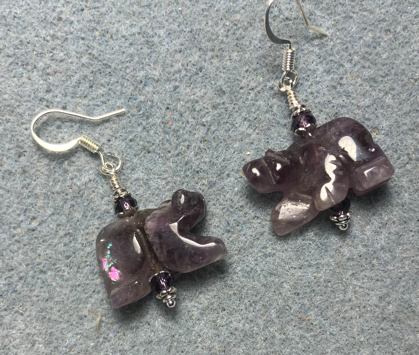Large amethyst gemstone bear bead earrings adorned with purple Chinese crystal beads.