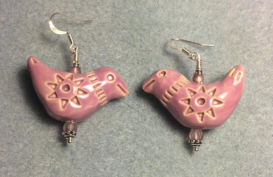 Large rose pink ceramic songbird bead earrings adorned with pink Czech glass beads.