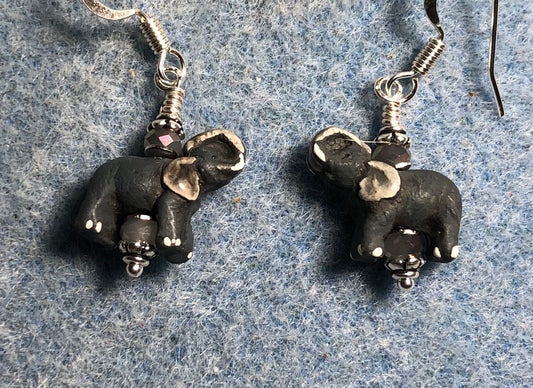 Small dark gray ceramic elephant bead earrings adorned with gray Chinese crystal beads.