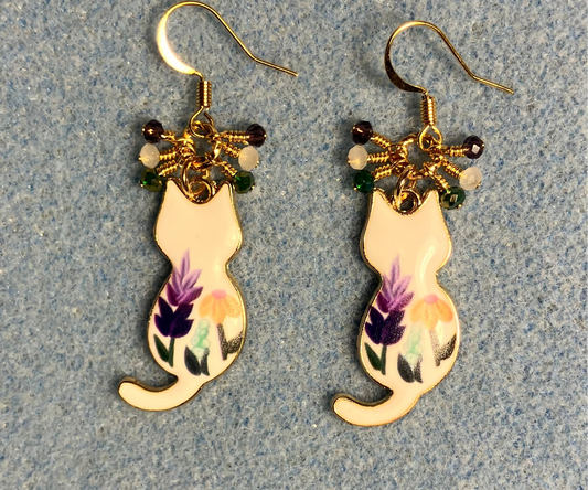 White, purple, and green enamel cat charm earrings adorned with tiny dangling white, purple, and green Chinese crystal beads.