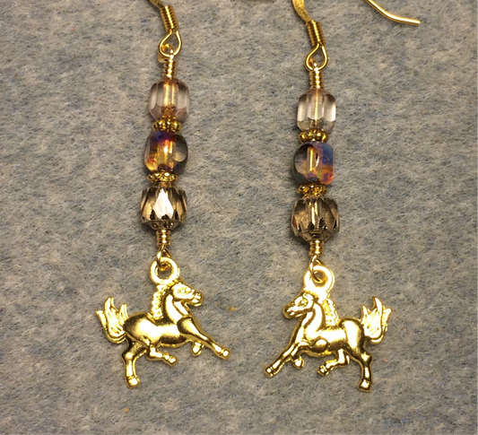 Small gold horse charm earrings adorned with goldish clear Czech glass beads