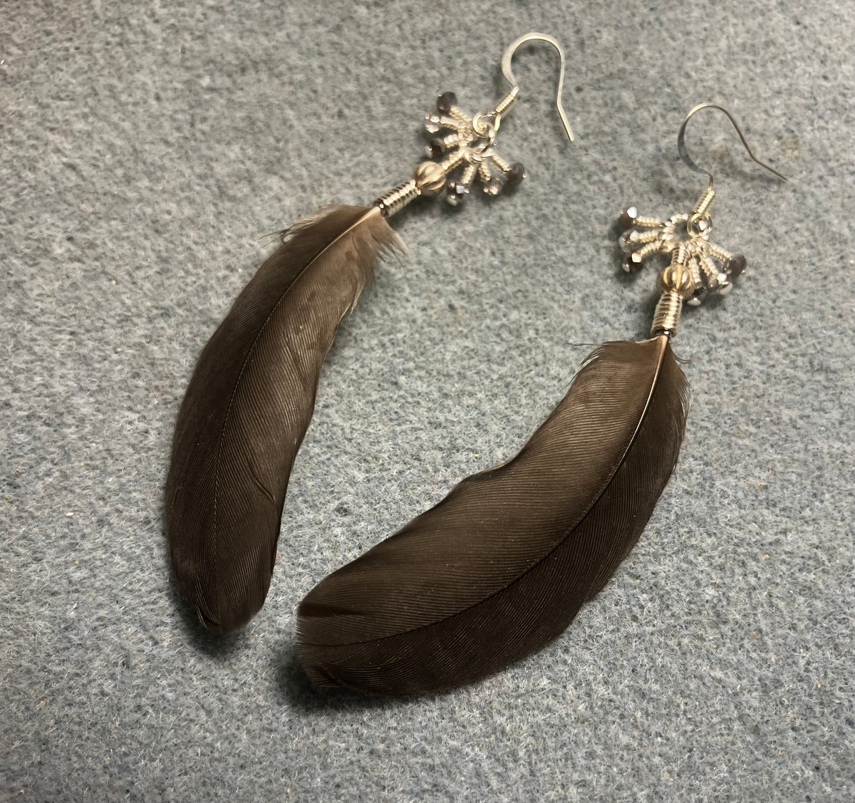 RESERVED FOR BETH: Three pairs of feather earrings: a long gray pair of African gray wing feather earrings, a dark red pair of African gray tail feather earrings, and a dark gray pair of small African gray body feather earrings