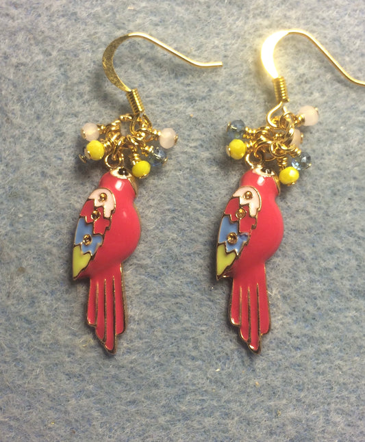 Hot pink, yellow, and light blue enamel parrot charm earrings adorned with tiny dangling pink, yellow, and light blue Chinese crystal beads.