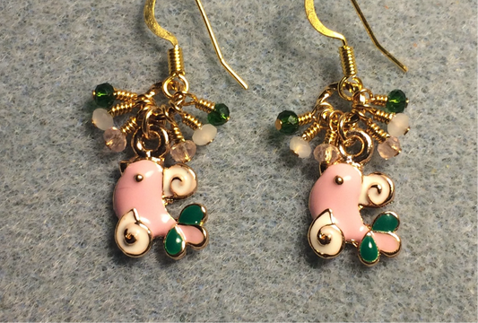 Small pink, white, and green enamel bird charm earrings adorned with tiny dangling pink, white, and green Chinese crystal beads.