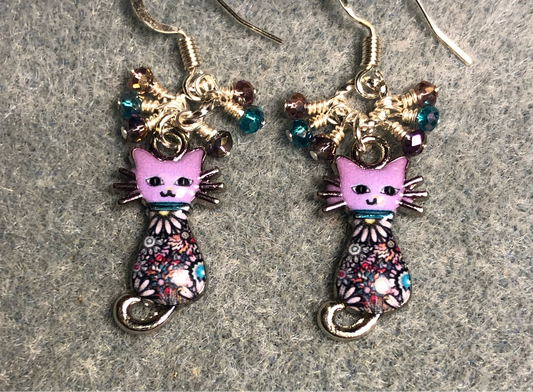 Small violet and turquoise enamel cat charm earrings adorned with tiny dangling violet and turquoise Chinese crystal beads.