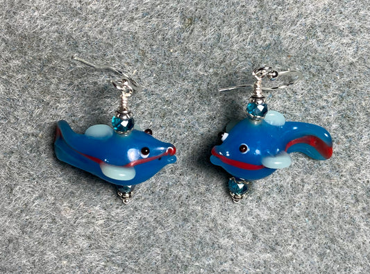 Turquoise and red lamp work fish bead earrings adorned with turquoise Chinese crystal beads.