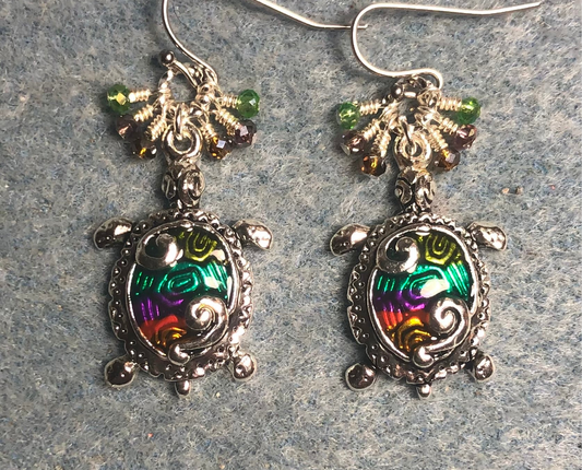 Green, purple, and amber enamel turtle charm earrings adorned with tiny dangling green, purple, and amber Chinese crystal beads.