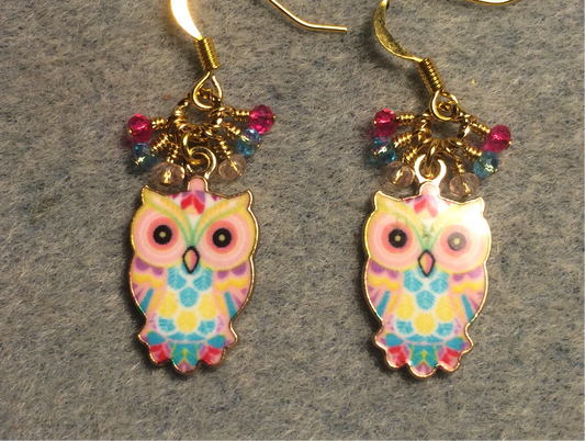 Pink, turquoise, and yellow enamel owl charm earrings adorned with tiny dangling hot pink, turquoise, and light pink Chinese crystal beads.