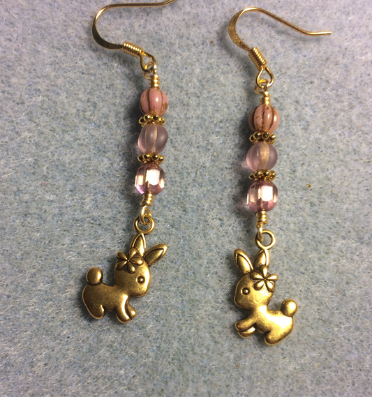 Small gold bunny charm earrings adorned with pink Czech glass beads