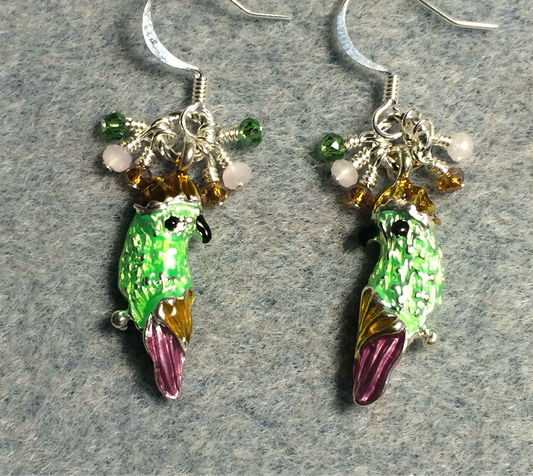 Green, pink, and tan enamel parrot charm earrings adorned with tiny dangling green, pink, and tan Chinese crystal beads.