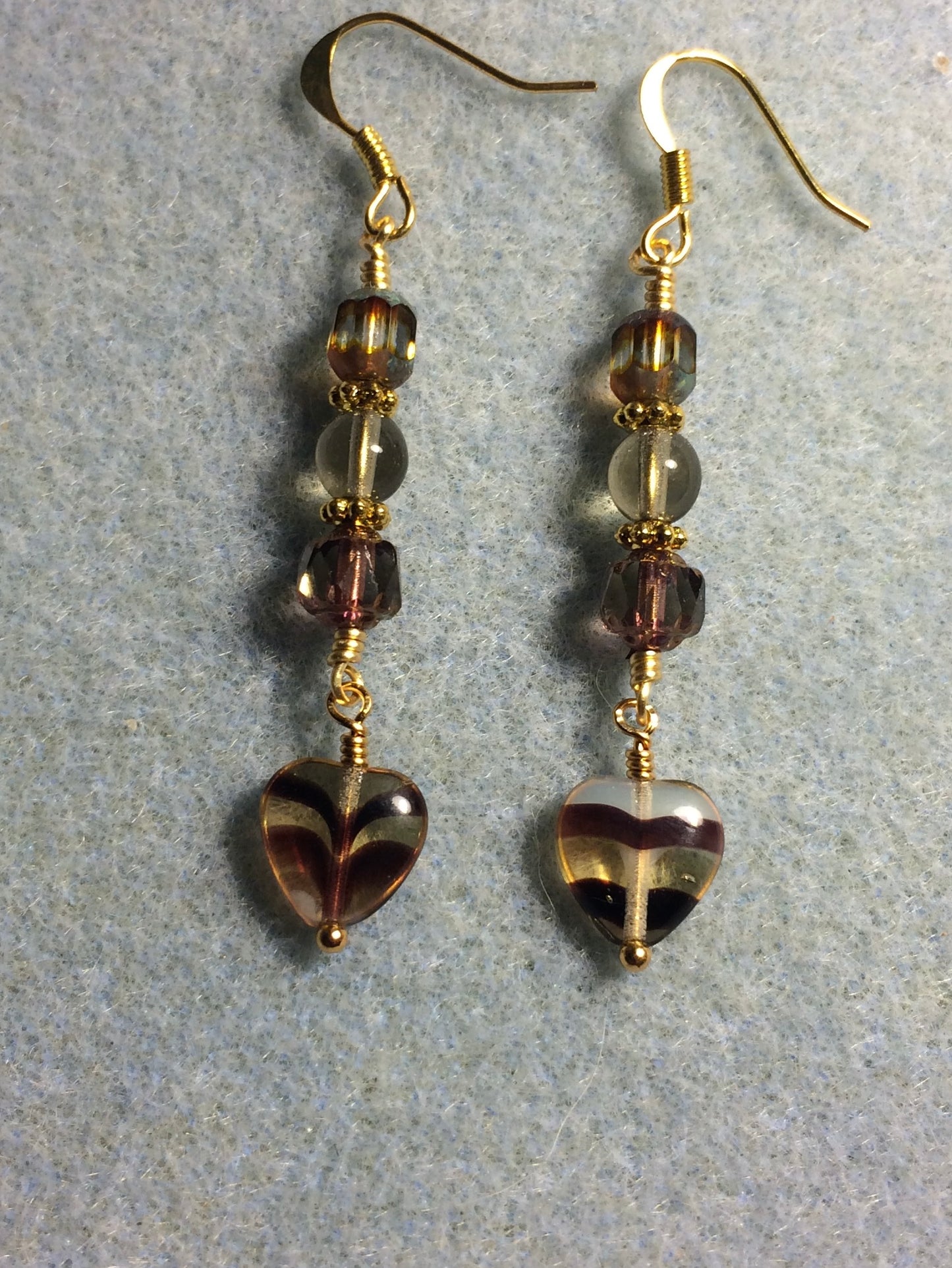 Small gray and brown striped Czech glass heart bead earrings adorned with gray brown Czech glass beads.