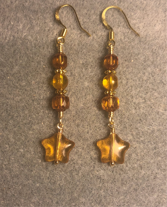 Small amber Czech glass star bead earrings adorned with amber Czech glass beads.