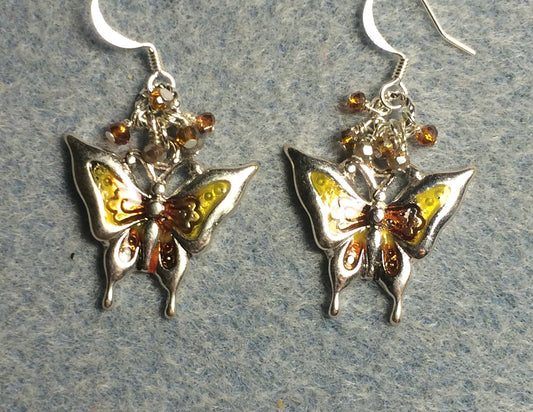 Amber, yellow, and silver enamel and rhinestone butterfly charm earrings adorned with tiny dangling amber, yellow, and silver Chinese crystal beads.