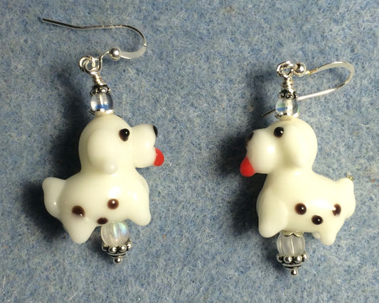 White spotted lamp work puppy dog bead earrings adorned with clear Czech glass beads.