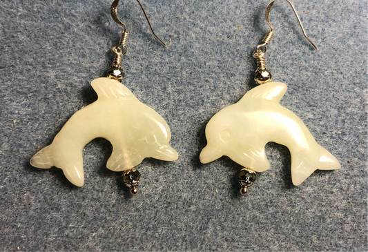 Light green new jade gemstone dolphin bead earrings adorned with sparkly green Chinese crystal beads.