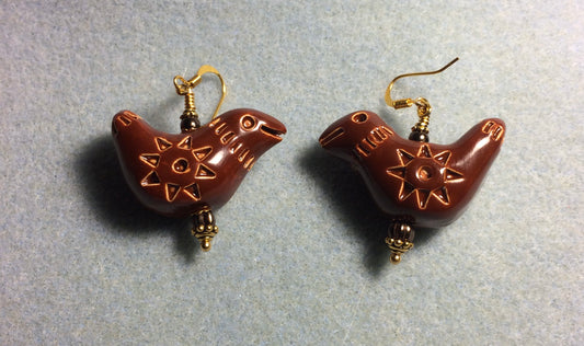 Large brown ceramic songbird bead earrings adorned with brown Czech glass beads.