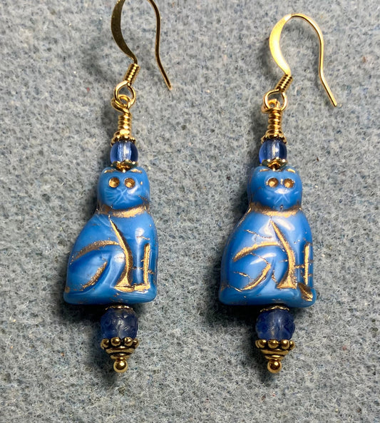 Capri blue (with gold inlay) Czech glass cat bead earrings adorned with capri blue Czech glass beads.