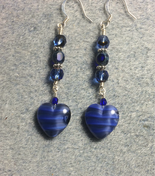 Opaque blue Czech glass heart bead earrings adorned with blue Czech glass beads.