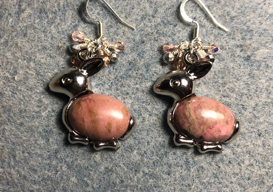 Large silver and pink rhodonite gemstone rabbit charm earrings adorned with small dangling rose, pink, and silver Czech glass beads.