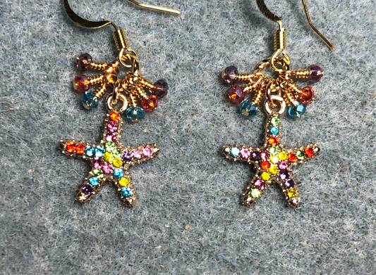 Colorful rhinestone starfish charm earrings adorned with tiny dangling turquoise, orange, and purple Chinese crystal beads.