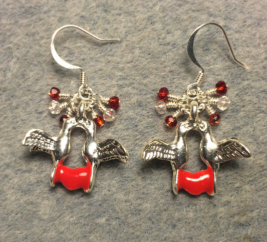 Silver and red enamel dove charm earrings adorned with tiny dangling red and clear Chinese crystal beads.