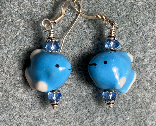 Small blue ceramic fish bead earrings adorned with blue Chinese crystal beads.