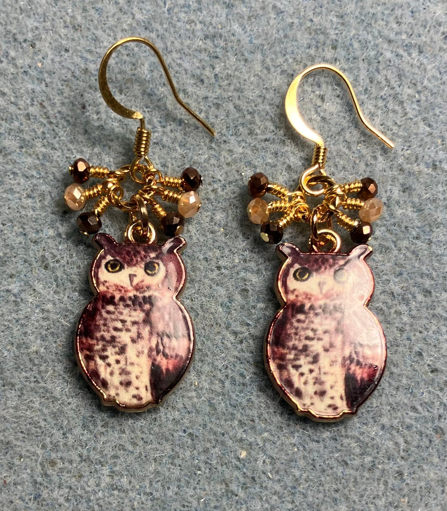 Brown, amber, and black enamel owl charm earrings adorned with tiny dangling brown, amber, and black Chinese crystal beads.