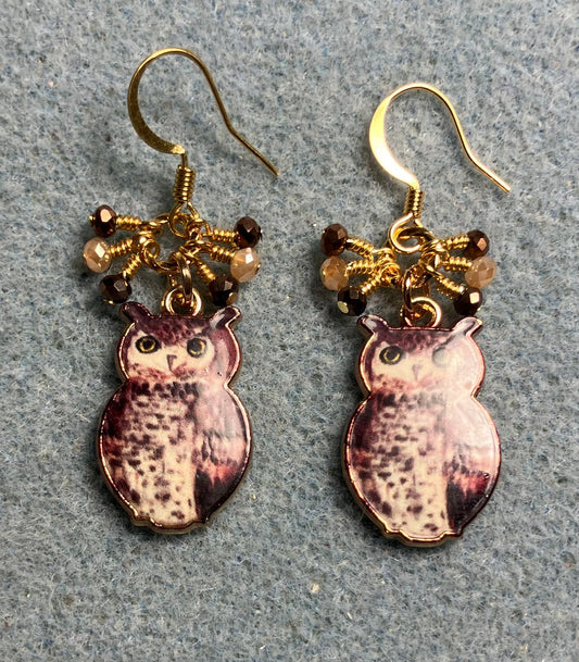 Brown, amber, and black enamel owl charm earrings adorned with tiny dangling brown, amber, and black Chinese crystal beads.