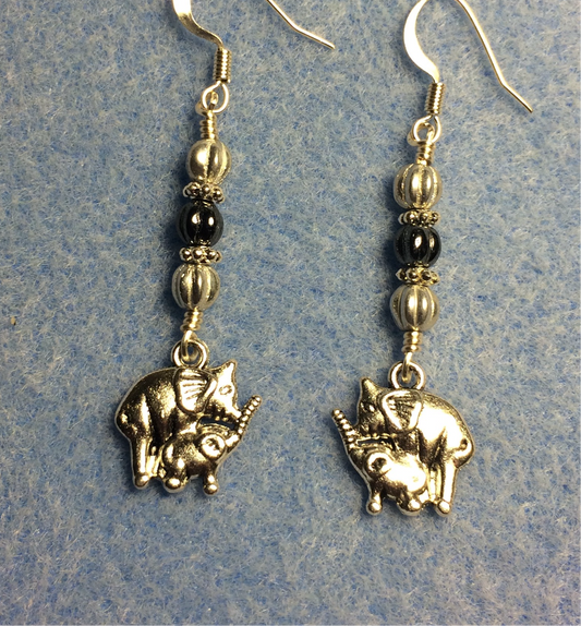 Small silver mother and baby elephant charm earrings adorned with small silver and gray Czech glass melon beads