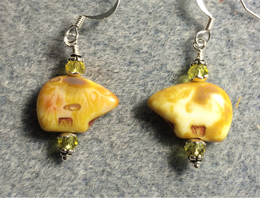 Yellow Picasso Czech glass bear bead earrings adorned with amber Chinese crystal beads.