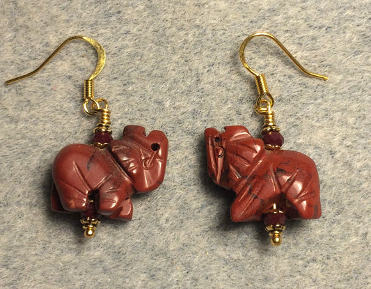 Red poppy jasper gemstone elephant bead earrings adorned with dark red Chinese crystal beads.