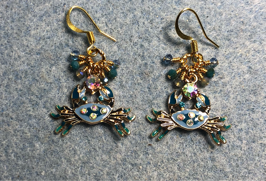 Light blue and aqua enamel and rhinestone crab charm earrings adorned with tiny dangling light blue and aqua Chinese crystal beads.