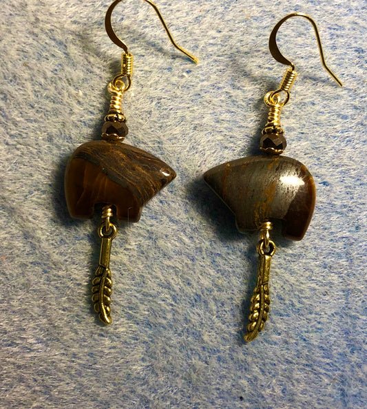 Dark brown tiger iron gemstone Zuni bear fetish bead earrings adorned with amber crystal beads and tiny gold feather charms.