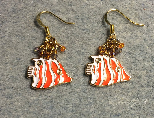Orange and white enamel striped angelfish charm earrings adorned with tiny dangling orange and amber Chinese crystal beads.