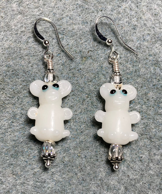 White lamp work mouse bead earrings adorned with clear Czech glass beads.
