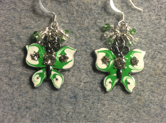 Vintage green and white enamel and rhinestone butterfly charm earrings adorned with tiny dangling green and clear Chinese crystal beads.