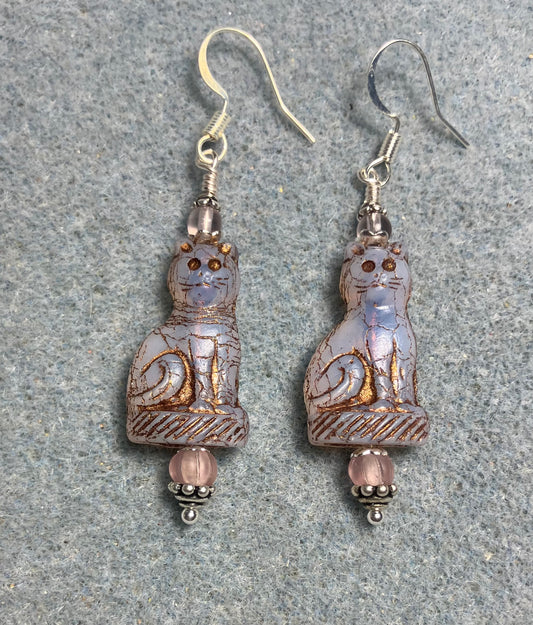 Translucent light violet (with copper inlay) fancy Czech glass cat bead earrings adorned with light violet Czech glass beads.