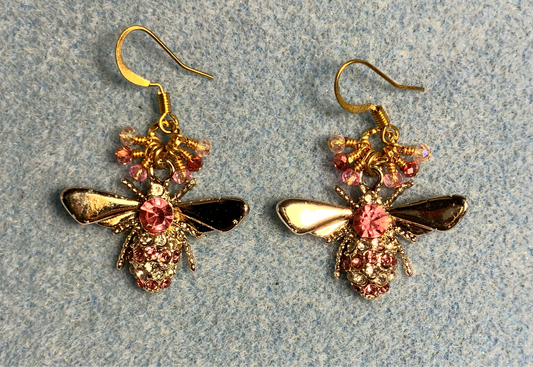 Pink and gold rhinestone honeybee charm earrings adorned with tiny dangling pink and rose Chinese crystal beads.