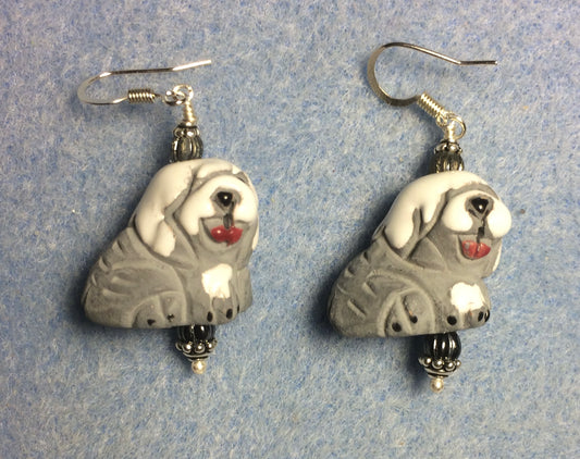 Gray and white ceramic sheepdog bead earrings adorned with gray Czech glass beads.