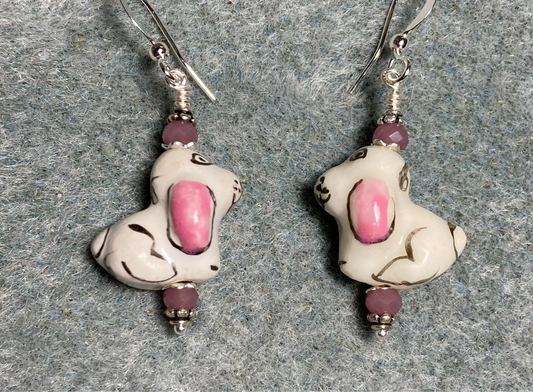 Pink and white ceramic puppy dog bead earrings adorned with mauve pink Chinese crystal beads.