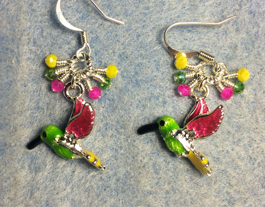 Pink, green, and yellow enamel hummingbird charm earrings adorned with tiny dangling pink, green, and yellow Chinese crystal beads.