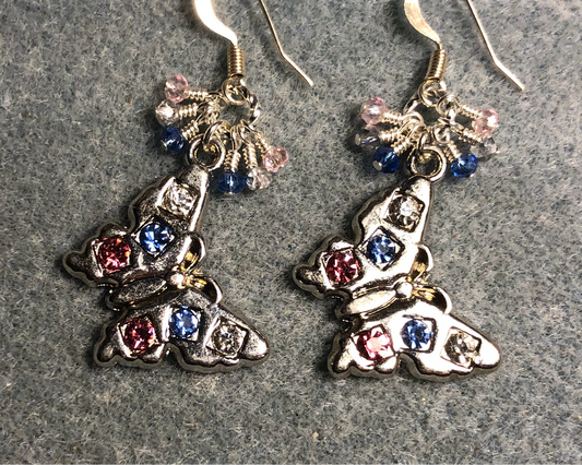 Silver, light blue, pink, and clear rhinestone butterfly charm earrings adorned with tiny dangling light blue, pink, and clear Chinese crystal beads.